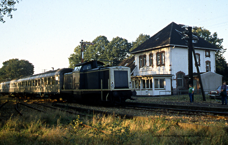 Ein Nahverkehrszug von Duisburg nach Kleve fährt in den Bahnhof Marienbaum ein.